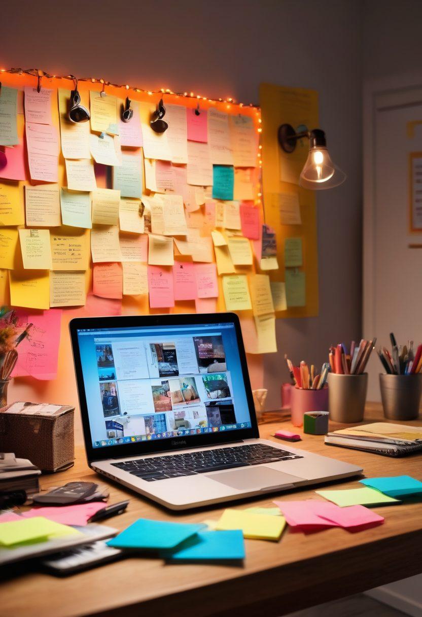 An open lock with bright light emanating from it, surrounded by various tools representing digital content creation such as a laptop, a pen, and a camera. In the background, a creative workspace filled with colorful post-it notes and a bulletin board with ideas pinned up. The atmosphere is vibrant and inspiring, suggesting growth and mastery in blogging. super-realistic. vibrant colors. 3D.