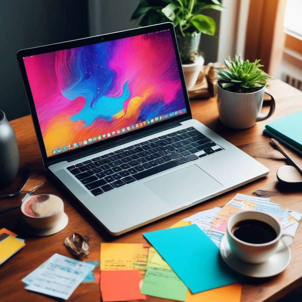 A creative workspace bustling with energy, featuring a laptop surrounded by colorful notes and coffee, symbolizing content creation. Incorporate visual representations of monetization like dollar signs or coins emerging from a blog post. Add elements like a globe or a map to signify navigating the blogging landscape. Bright, engaging colors and a dynamic composition to evoke inspiration. vibrant colors. digital art.