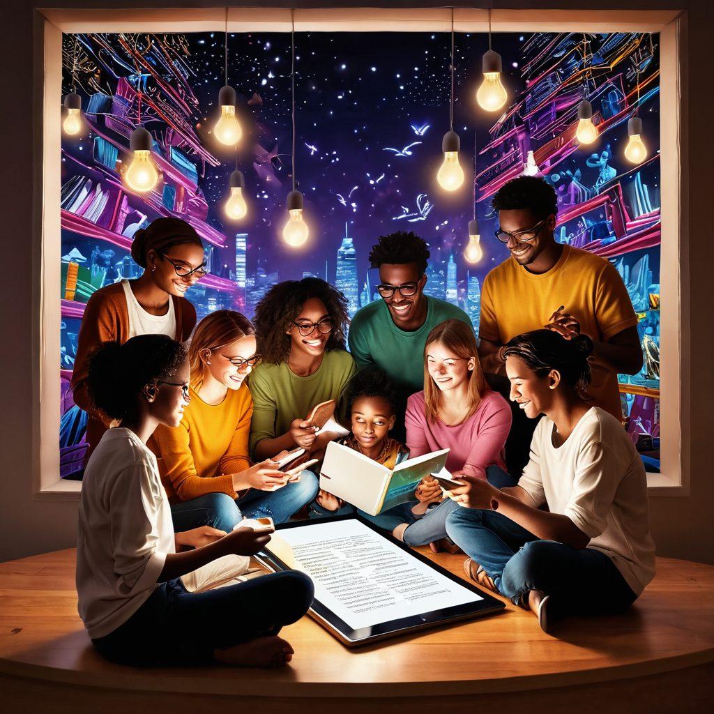 An enchanting scene depicting a diverse group of individuals gathered around a glowing digital screen, sharing lively stories with expressive gesture and emotion. The background is filled with floating digital elements like books, light bulbs, and social media icons, symbolizing creativity and engagement. Warm, inviting colors create an atmosphere of connection and inspiration. Illustrate the essence of storytelling in a modern digital context with a touch of magic. vibrant colors. super-realistic.